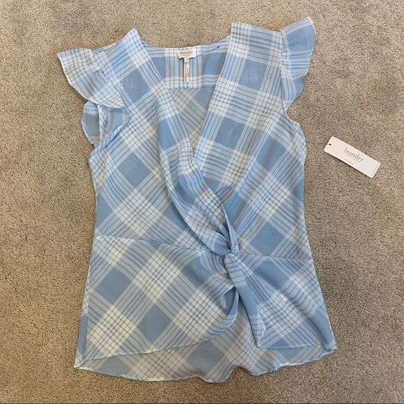 FRONT knot wrap plaid check blouse ruffle sleeve Blue white Sz S NWT - Picture 7 of 11